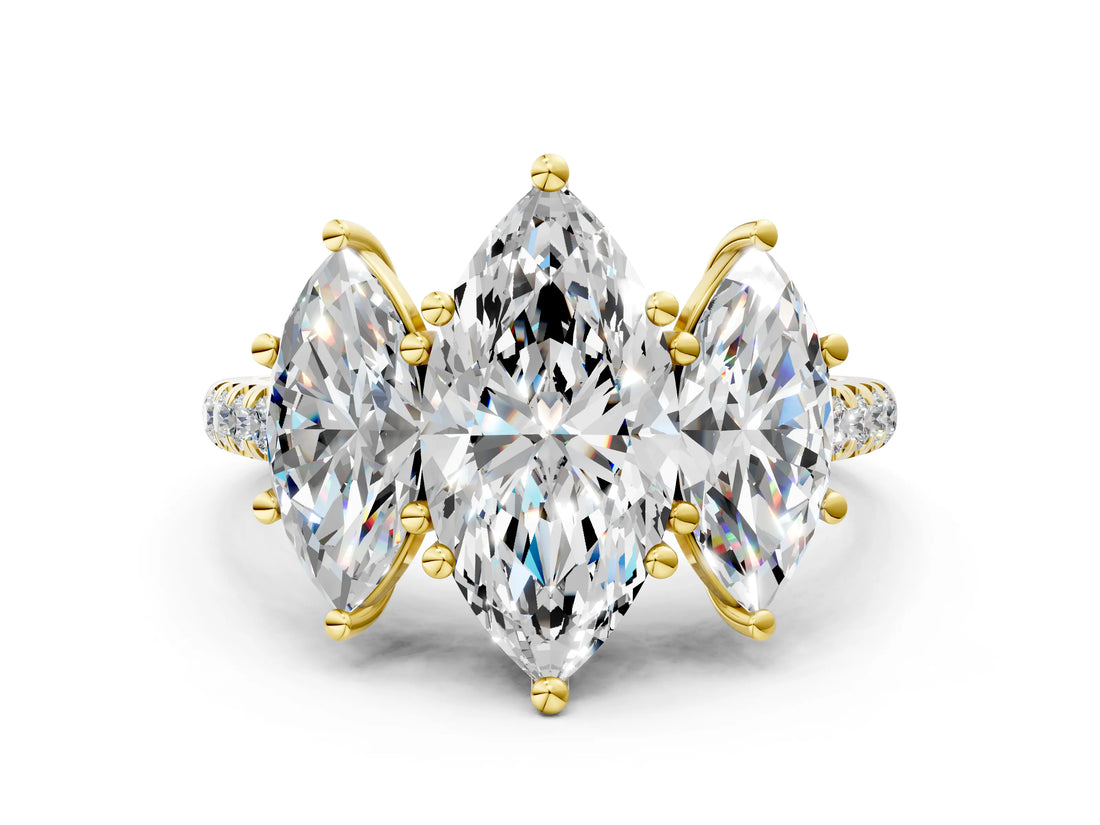 Yellow gold Three-Stone Fancy Blue Marquise Cut Diamond Ring with Pavé Band and Prong Setting_69