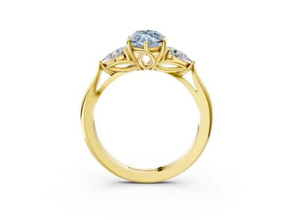 Yellow gold Three-Stone Fancy Blue Marquise  Cut Diamond Ring with Pear Side Stones in Four-Prong Setting