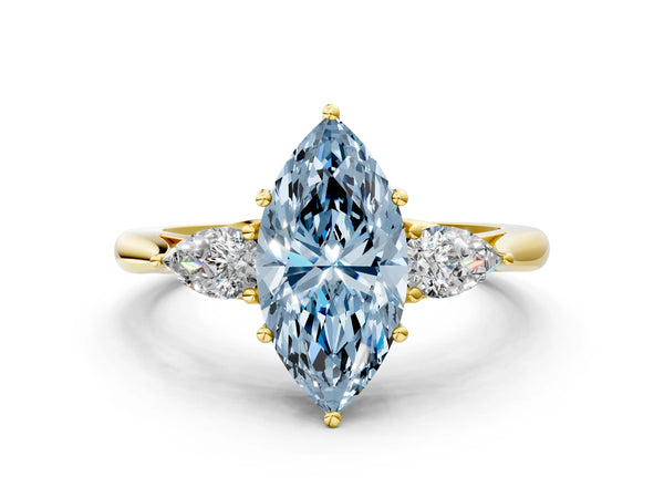 Yellow gold Three-Stone Fancy Blue Marquise Cut Diamond Ring with Pear  Side Stones in Four-Prong Setting