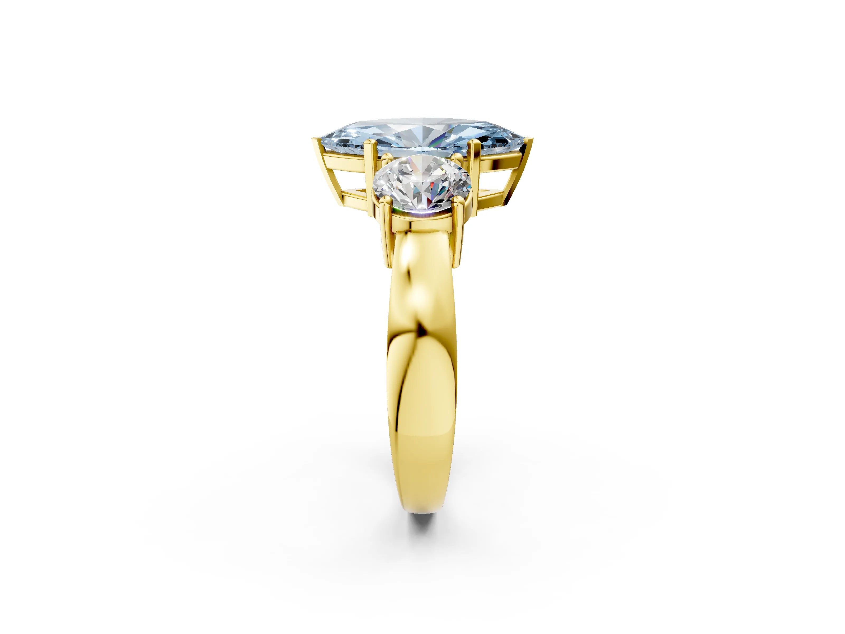 Yellow gold Three-Stone Fancy Blue Marquise Cut Diamond Ring with Round Side Stones, Classic Band, and Four-Prong Setting_2