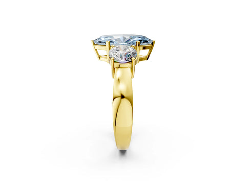Yellow gold Three-Stone Fancy Blue Marquise Cut Diamond Ring with Round Side Stones, Classic Band, and Four-Prong Setting_2