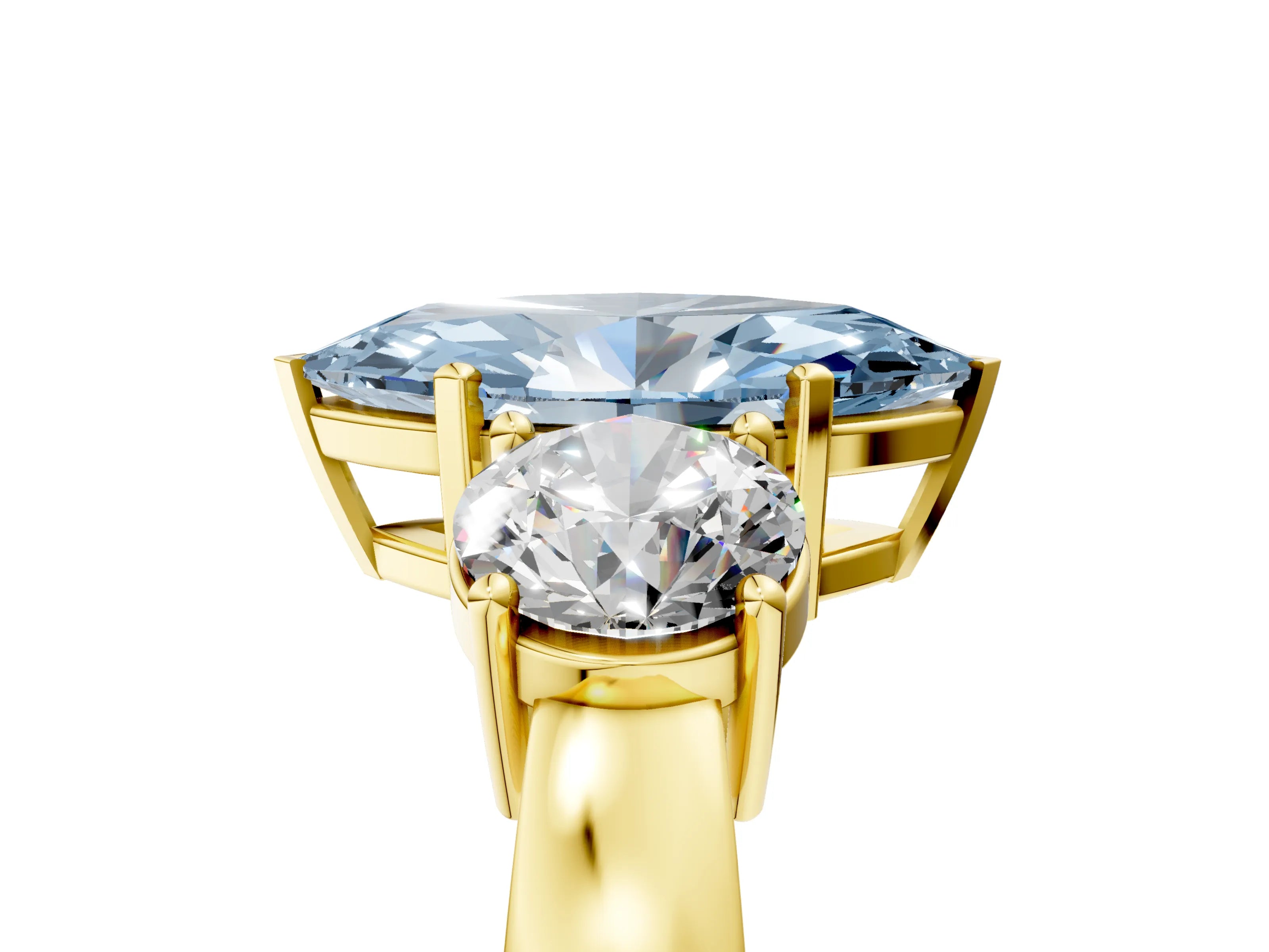 Yellow gold Three-Stone Fancy Blue Marquise Cut Diamond Ring with Round Side Stones, Classic Band, and Four-Prong Setting_5