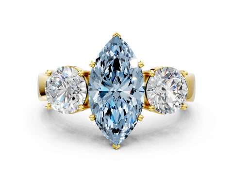 Yellow gold Three-Stone Fancy Blue Marquise Cut Diamond Ring with Round Side Stones, Classic Band, and Four-Prong Setting