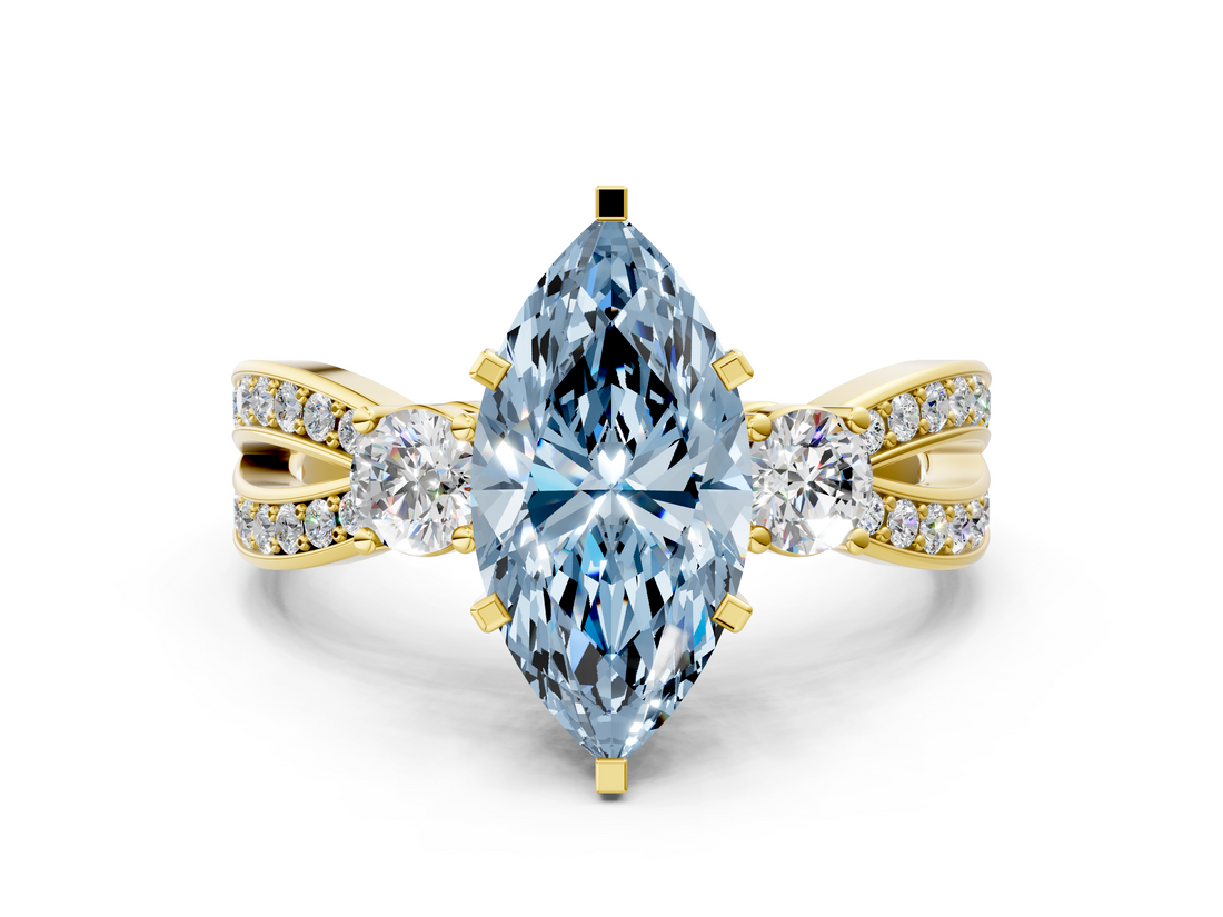 Yellow gold Three-Stone Fancy Blue Marquise  Cut Diamond Twist Band with Prong Setting_68
