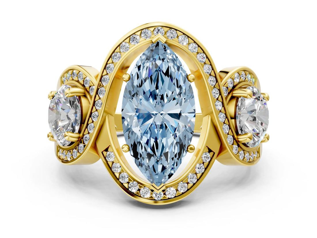 Yellow gold Three-Stone Fancy Blue Marquise Cut Diamond Wave Pave Band with Prong Setting