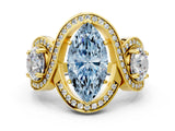 Yellow gold Three-Stone Fancy Blue Marquise Cut Diamond Wave Pave Band with Prong Setting