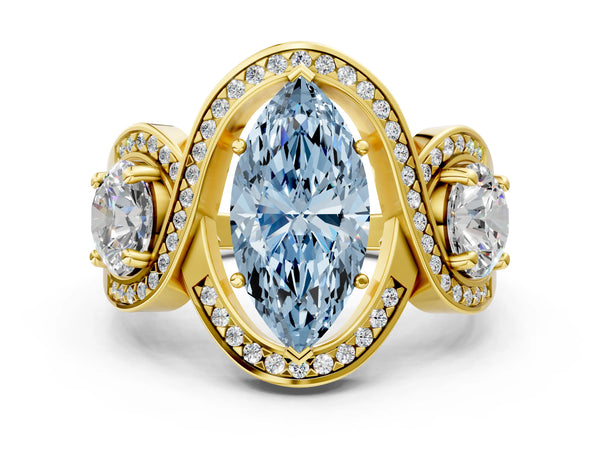 Yellow gold Three-Stone Fancy Blue Marquise Cut Diamond Wave Pave Band with Prong Setting
