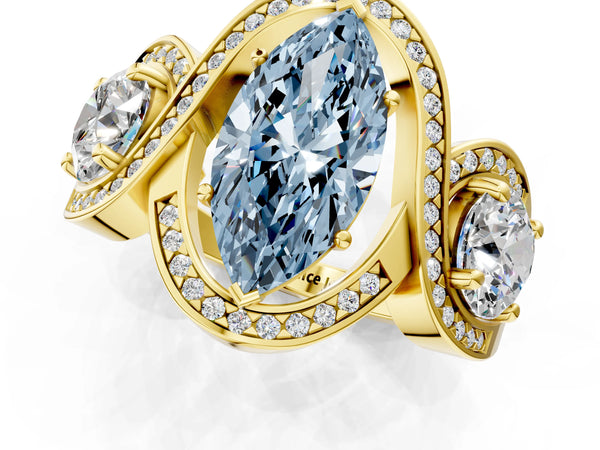 Yellow gold Three-Stone Fancy Blue Marquise Cut Diamond Wave Pave Band with Prong Setting