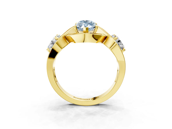 Yellow gold Three-Stone Fancy Blue Marquise Cut Diamond Wave Pave Band with Prong Setting
