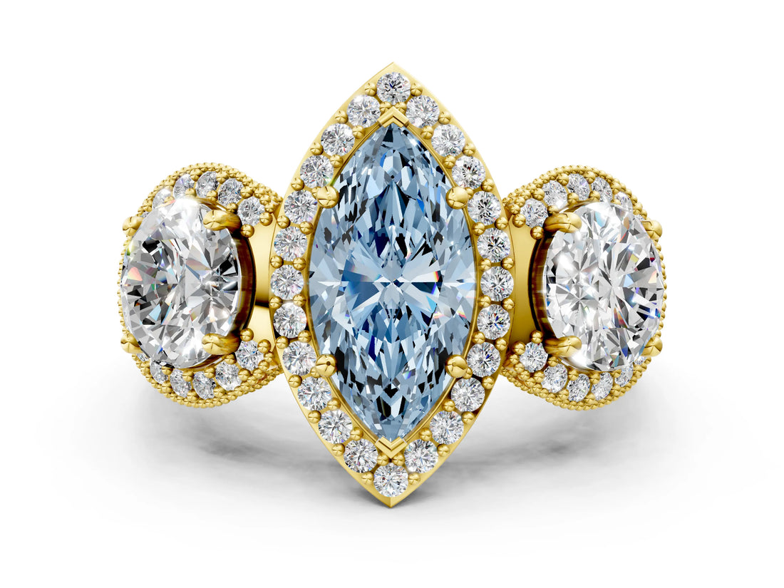 Yellow gold Three-Stone Fancy Blue Marquise Cut Halo Diamond Milgrain Band with Four-Prong Setting
