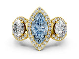 Yellow gold Three-Stone Fancy Blue Marquise Cut Halo Diamond Milgrain Band with Four-Prong Setting