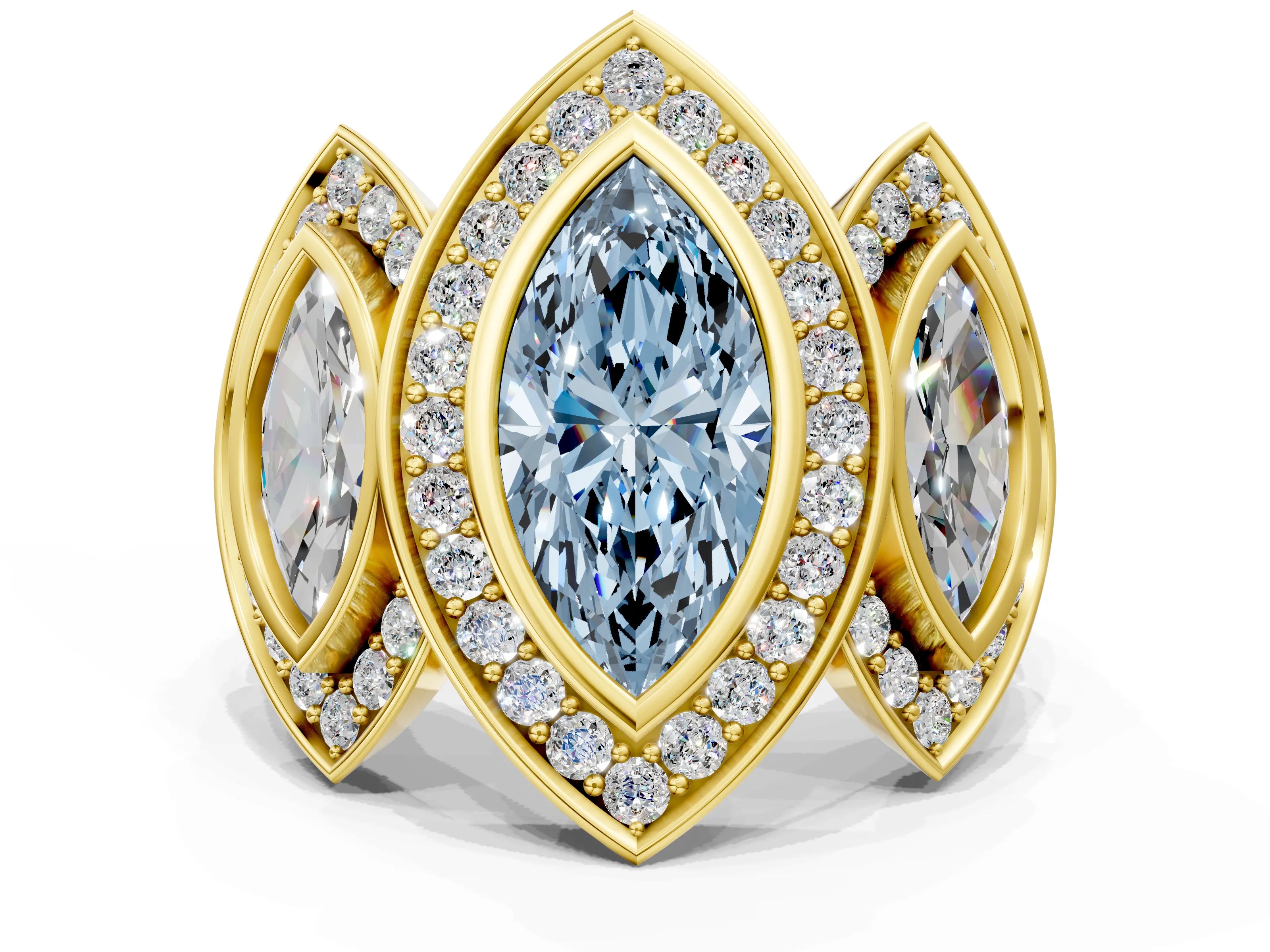 Yellow gold Three-Stone Fancy Blue Marquise Cut Halo Pavé Diamond Ring