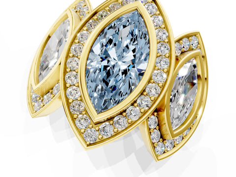Yellow gold Three-Stone Fancy Blue Marquise Cut Halo Pavé Diamond Ring_1