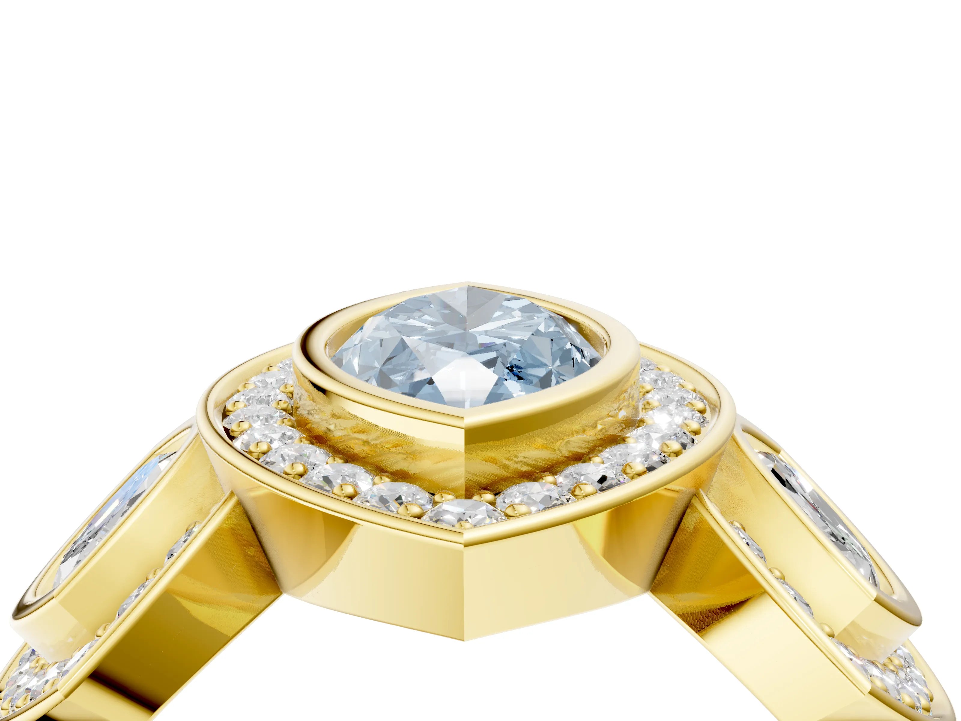 Yellow gold Three-Stone Fancy Blue Marquise Cut Halo Pavé Diamond Ring_4