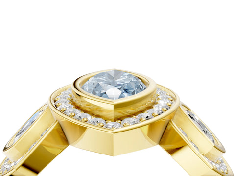 Yellow gold Three-Stone Fancy Blue Marquise Cut Halo Pavé Diamond Ring_4