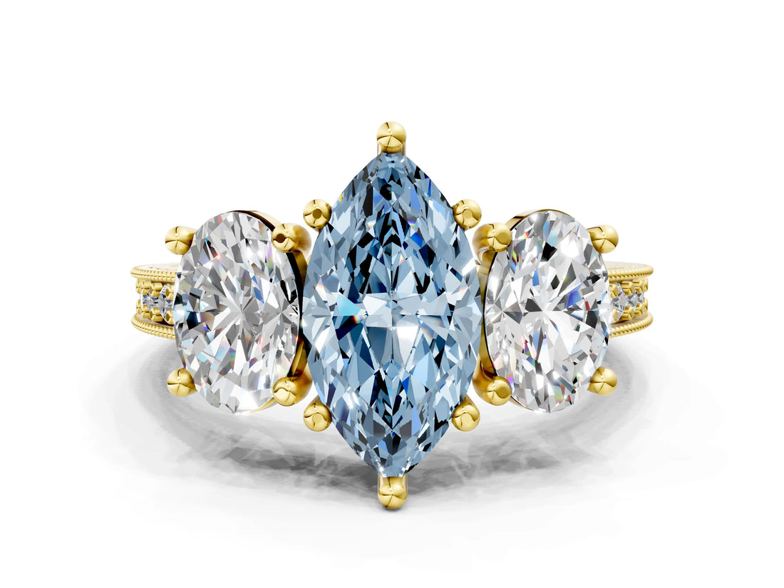 Yellow gold Three-Stone Fancy Blue Marquise  Diamond Milgrain Pave Band with Prong Setting 1
