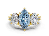 Yellow gold Three-Stone Fancy Blue Marquise  Diamond Milgrain Pave Band with Prong Setting 1