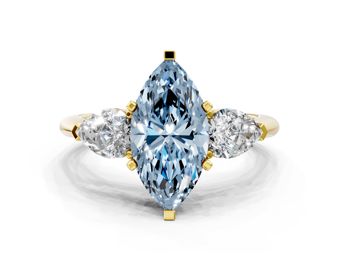 Yellow gold Three-Stone Fancy Blue Marquise  Diamond Ring with Pear Side Stones in Four-Prong Setting_25