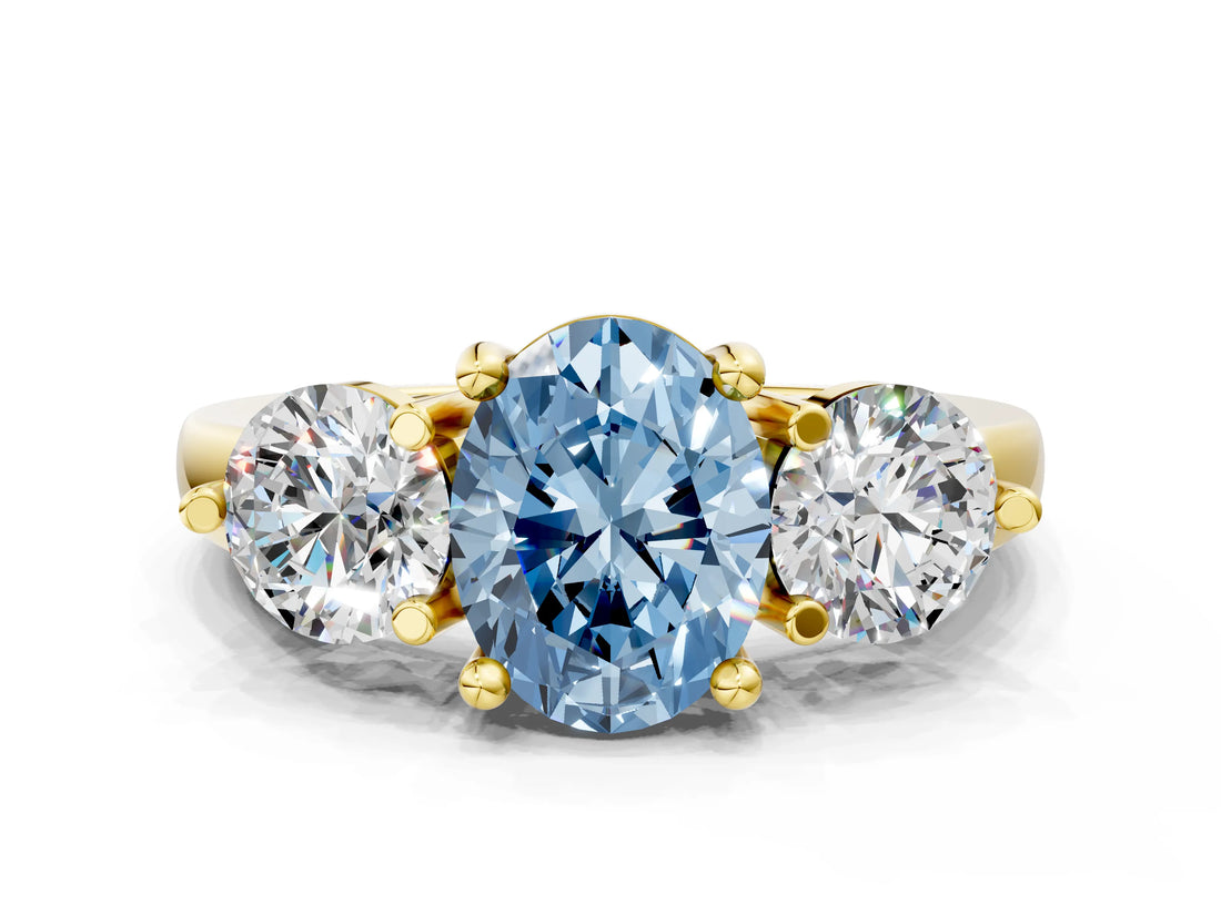 Yellow gold Three-Stone Fancy Blue Oval  Brilliant Cut Solitaire Ring with Prong Setting on a Classic Band 2