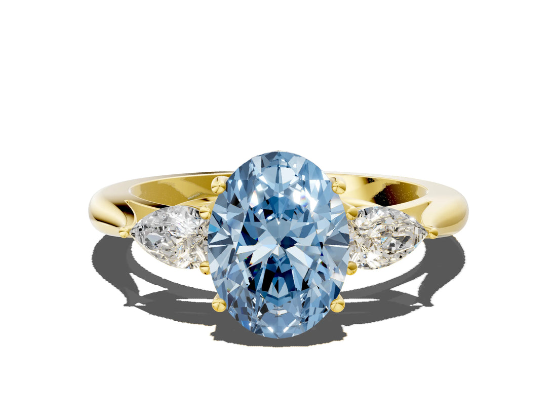 Yellow gold Three-Stone Fancy Blue Oval Cut Brilliant Diamond Solitaire Ring with Tapered Band and Four-Prong Setting_12