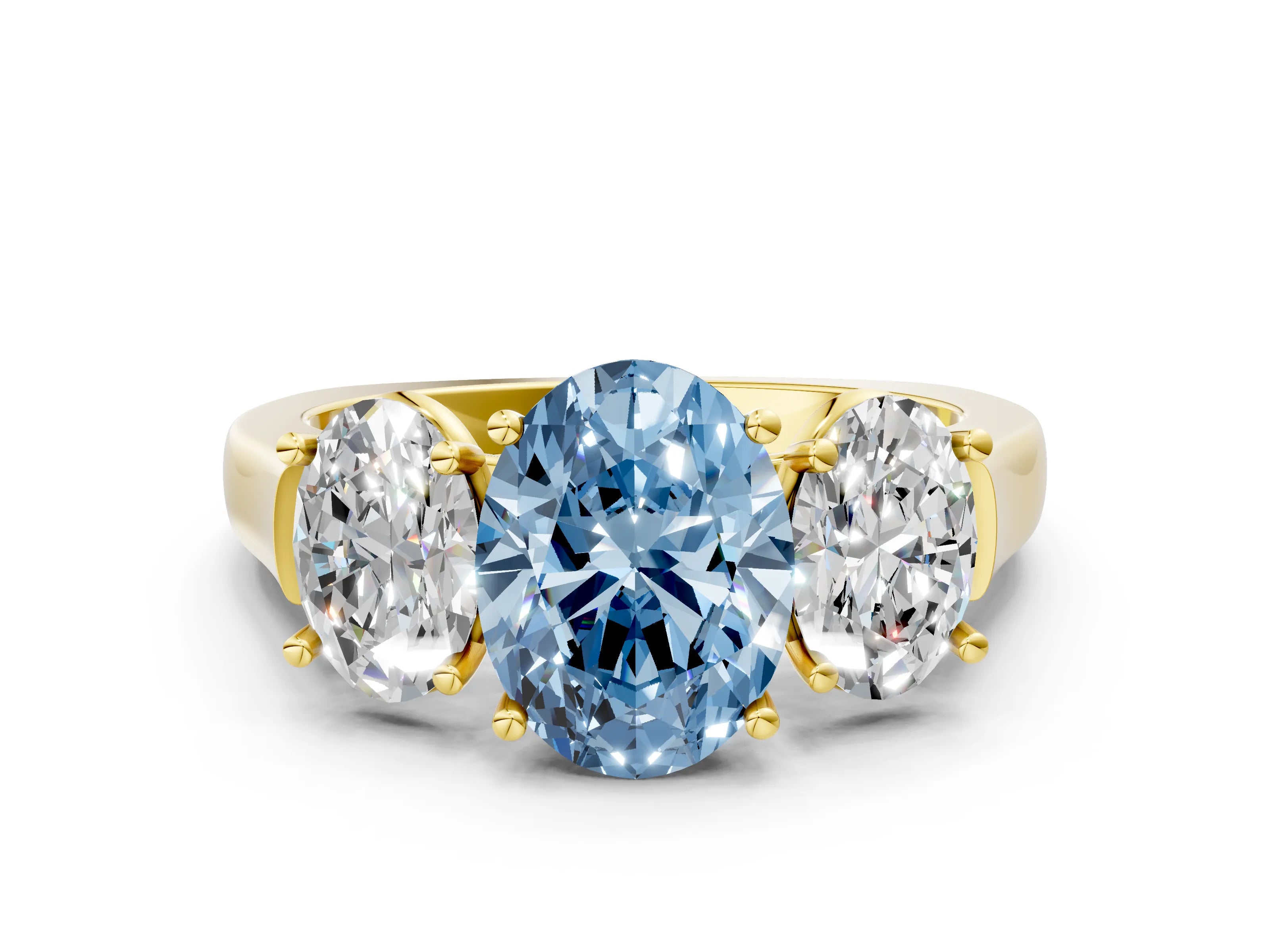 Yellow gold Three-Stone Fancy Blue Oval Cut Brilliant Diamond Trellis Ring with Comfort Fit Band