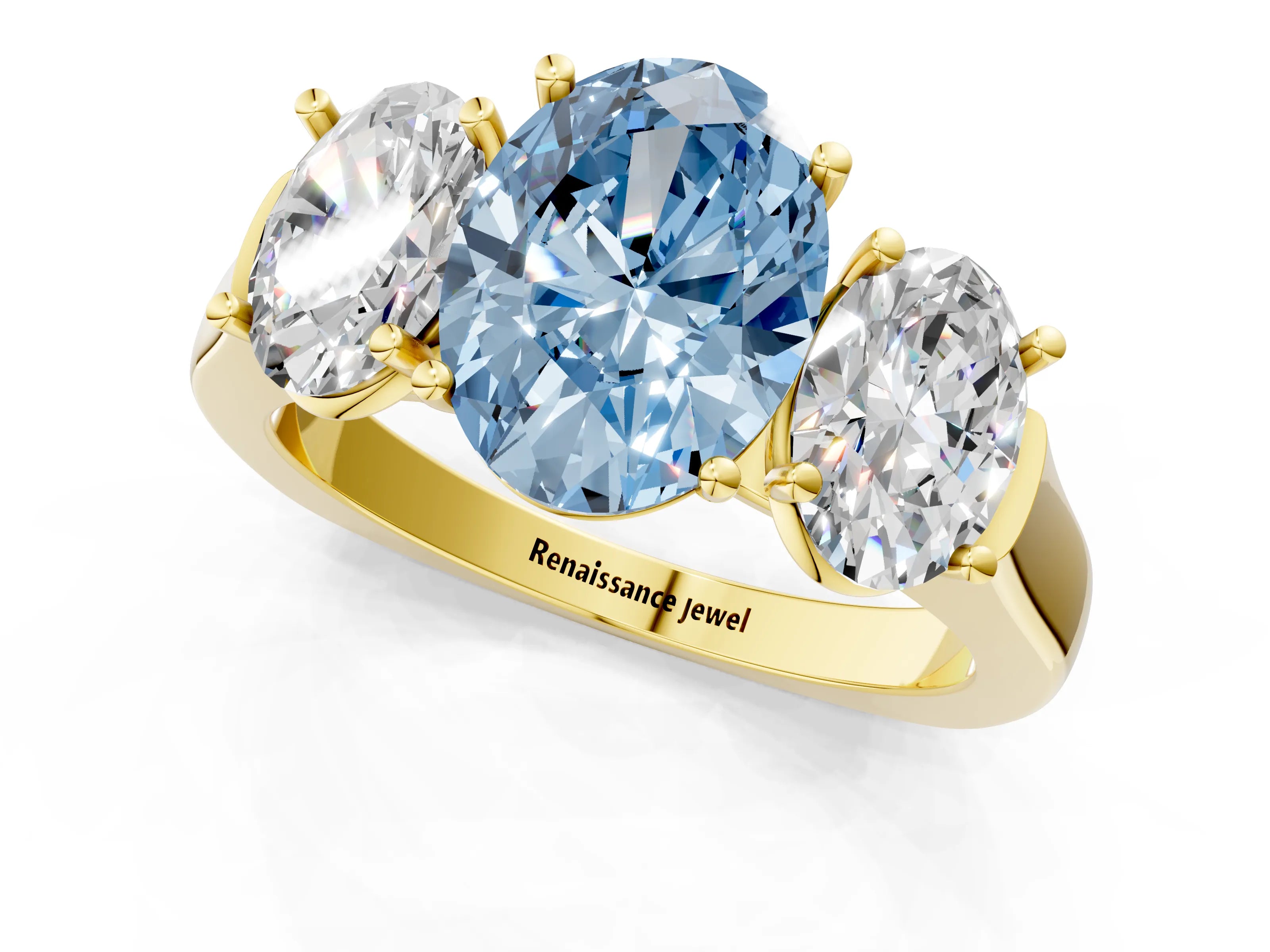 Yellow gold Three-Stone Fancy Blue Oval Cut Brilliant Diamond Trellis Ring with Comfort Fit Band_1