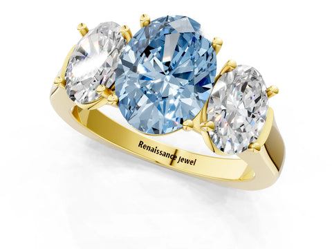 Yellow gold Three-Stone Fancy Blue Oval Cut Brilliant Diamond Trellis Ring with Comfort Fit Band_1