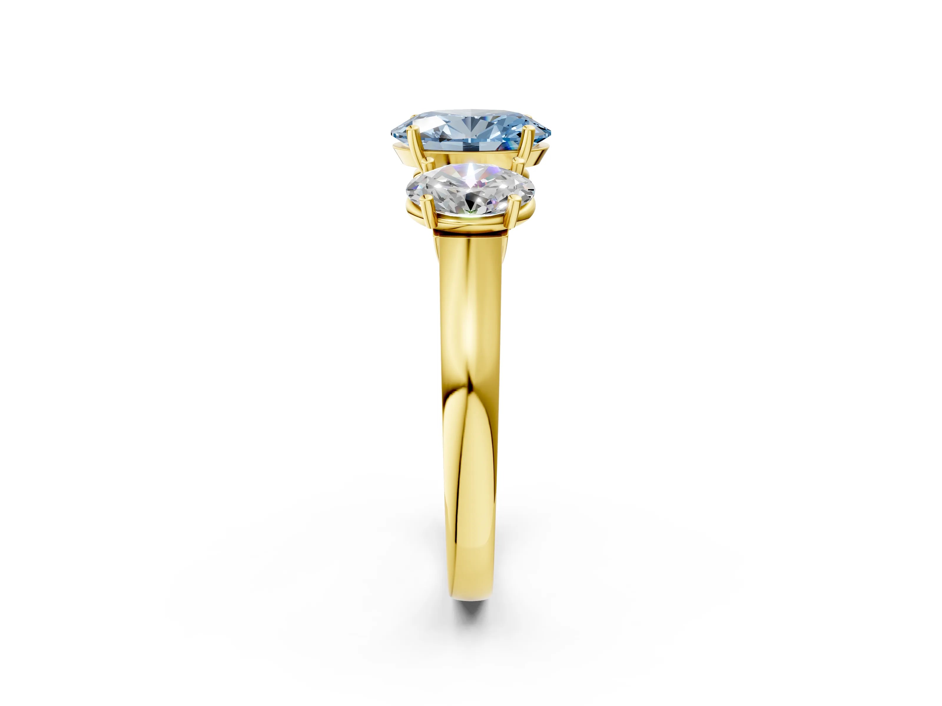 Yellow gold Three-Stone Fancy Blue Oval Cut Brilliant Diamond Trellis Ring with Comfort Fit Band_2