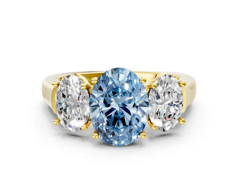 Yellow gold Three-Stone Fancy Blue Oval Cut Brilliant Diamond Trellis Ring with Comfort Fit Band