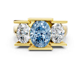 Yellow gold Three Stone Fancy Blue Oval Cut Cut Channel Set Diamond Ring