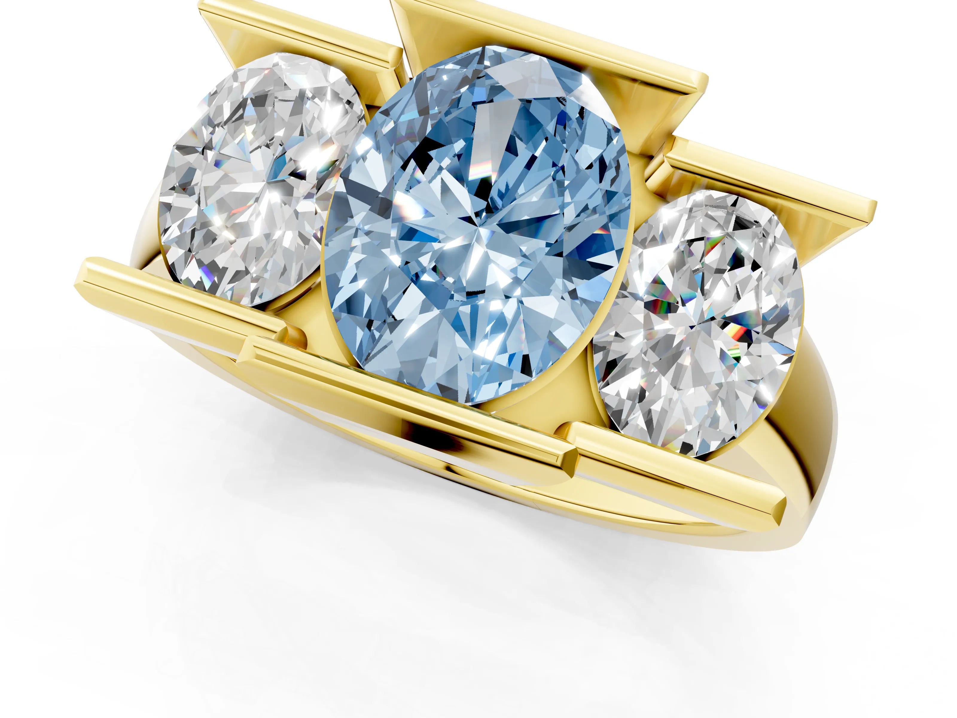 Yellow gold Three Stone Fancy Blue Oval Cut Cut Channel Set Diamond Ring_1