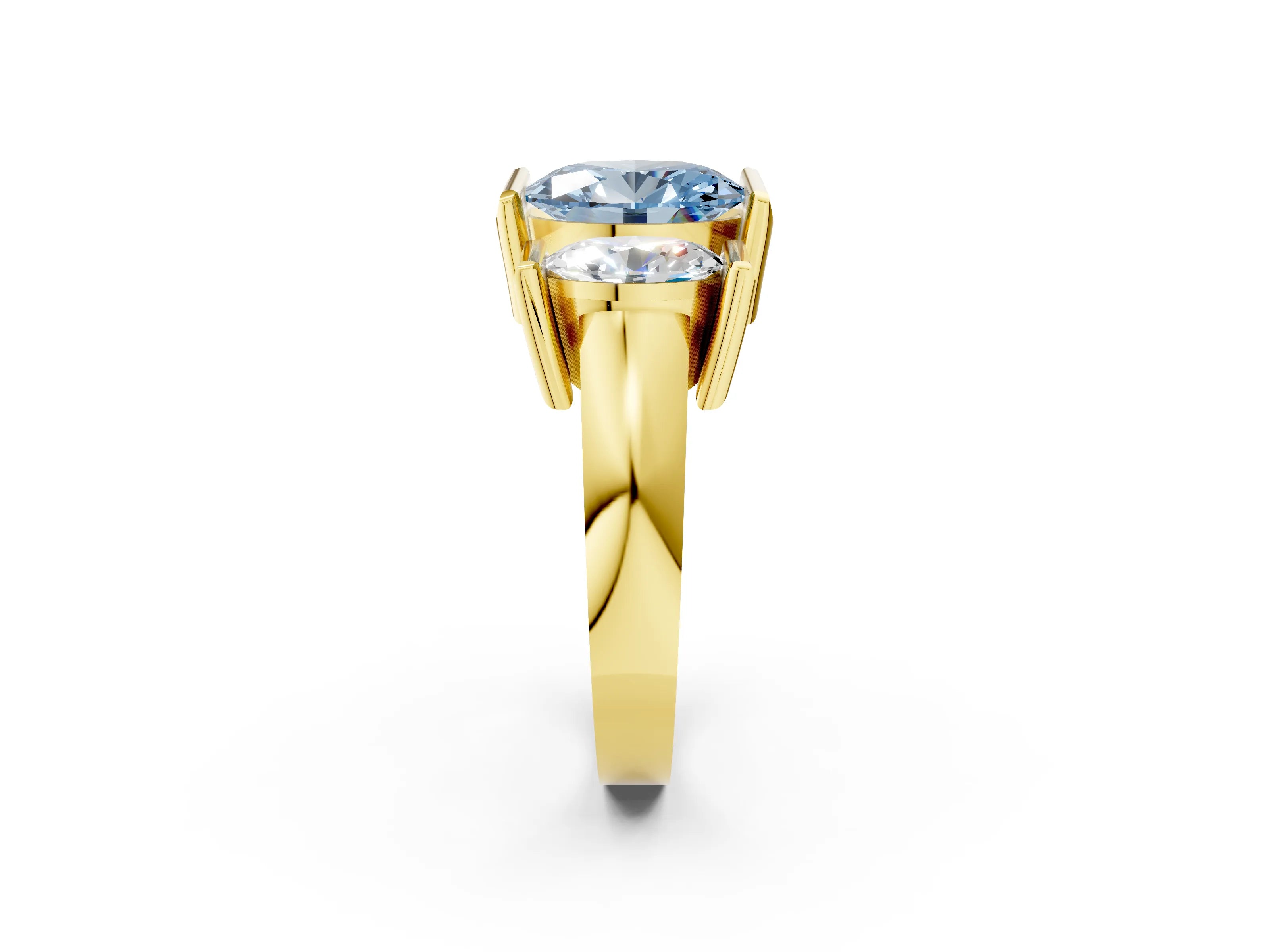 Yellow gold Three Stone Fancy Blue Oval Cut Cut Channel Set Diamond Ring_2
