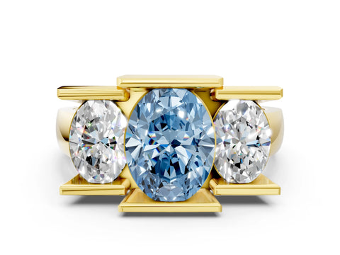 Yellow gold Three Stone Fancy Blue Oval Cut Cut Channel Set Diamond Ring
