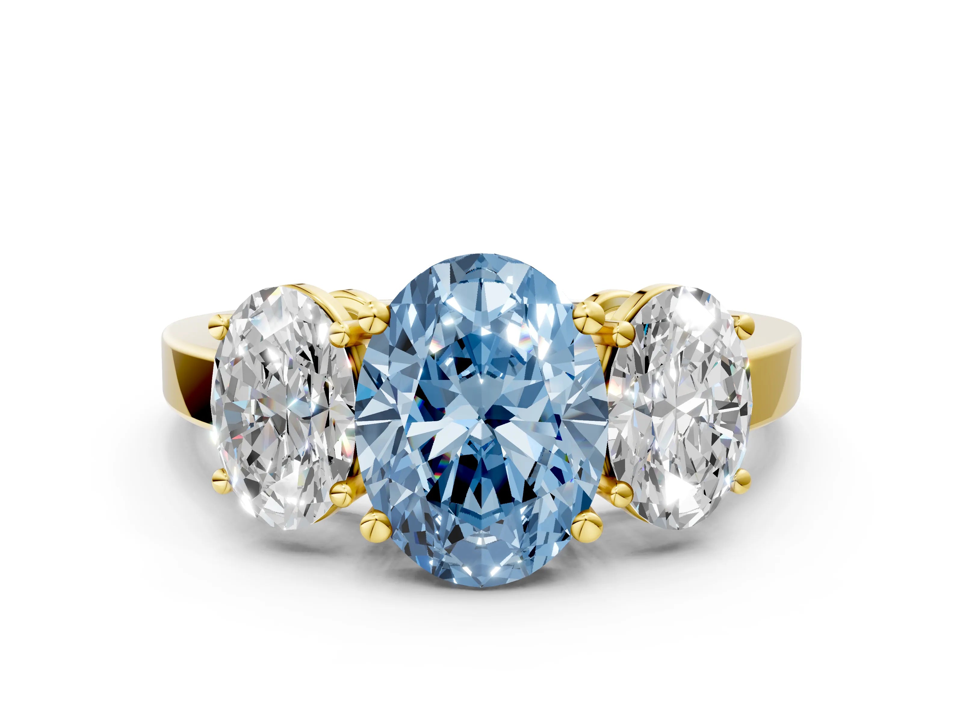 Yellow gold Three-Stone Fancy Blue Oval Cut Cut Diamond Engagement Ring with Flat Band and Four-Prong Setting