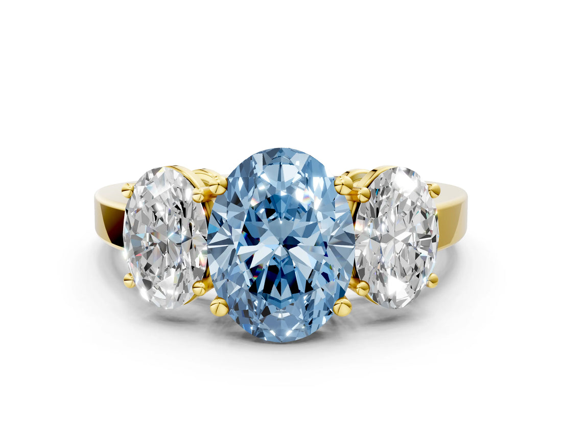 Yellow gold Three-Stone Fancy Blue Oval Cut Cut Diamond Engagement Ring with Flat Band and Four-Prong Setting_12