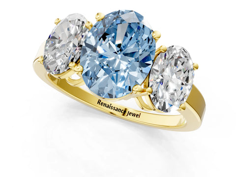 Yellow gold Three-Stone Fancy Blue Oval Cut Cut Diamond Engagement Ring with Flat Band and Four-Prong Setting_1