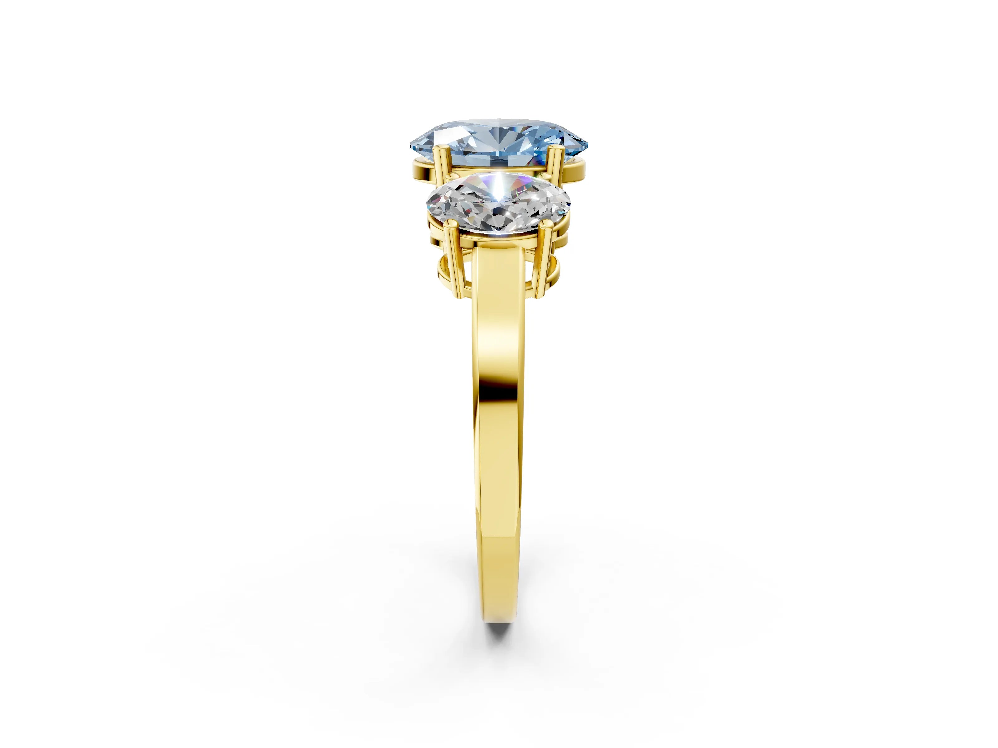 Yellow gold Three-Stone Fancy Blue Oval Cut Cut Diamond Engagement Ring with Flat Band and Four-Prong Setting_2