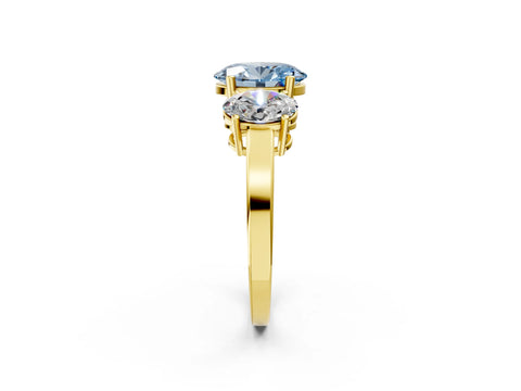 Yellow gold Three-Stone Fancy Blue Oval Cut Cut Diamond Engagement Ring with Flat Band and Four-Prong Setting_2