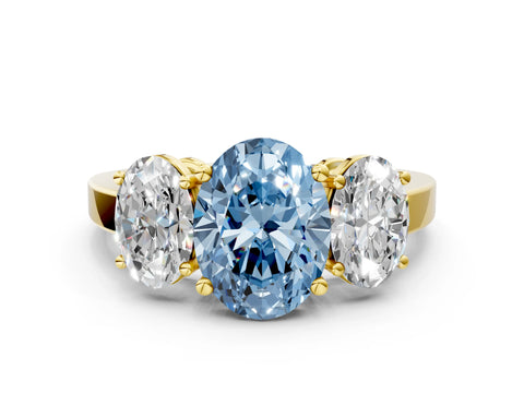 Yellow gold Three-Stone Fancy Blue Oval Cut Cut Diamond Engagement Ring with Flat Band and Four-Prong Setting