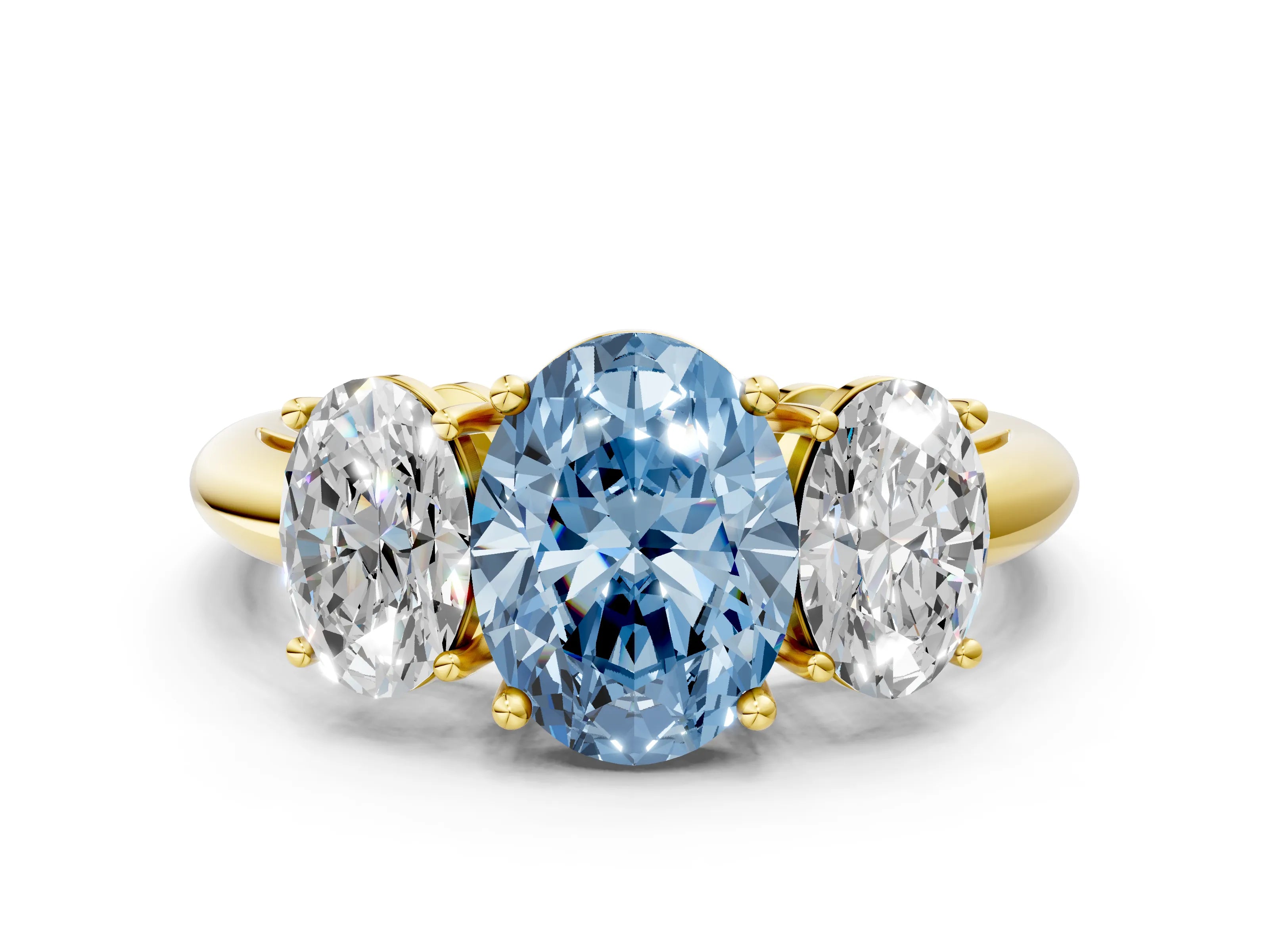 Yellow gold Three-Stone Fancy Blue Oval Cut Cut Diamond Engagement Ring with Prong Setting on a White Gold Band