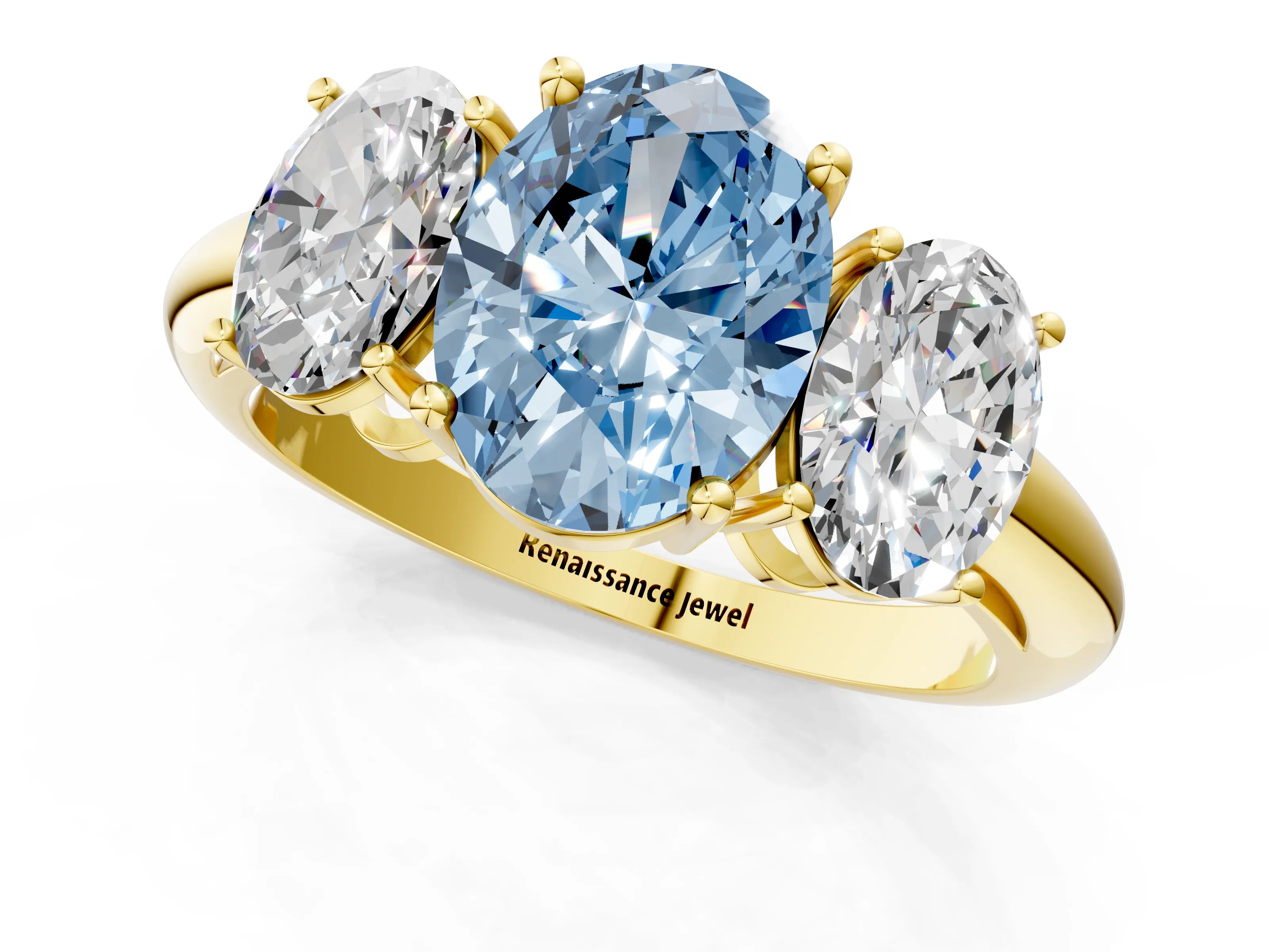 Yellow gold Three-Stone Fancy Blue Oval Cut Cut Diamond Engagement Ring with Prong Setting on a White Gold Band_1