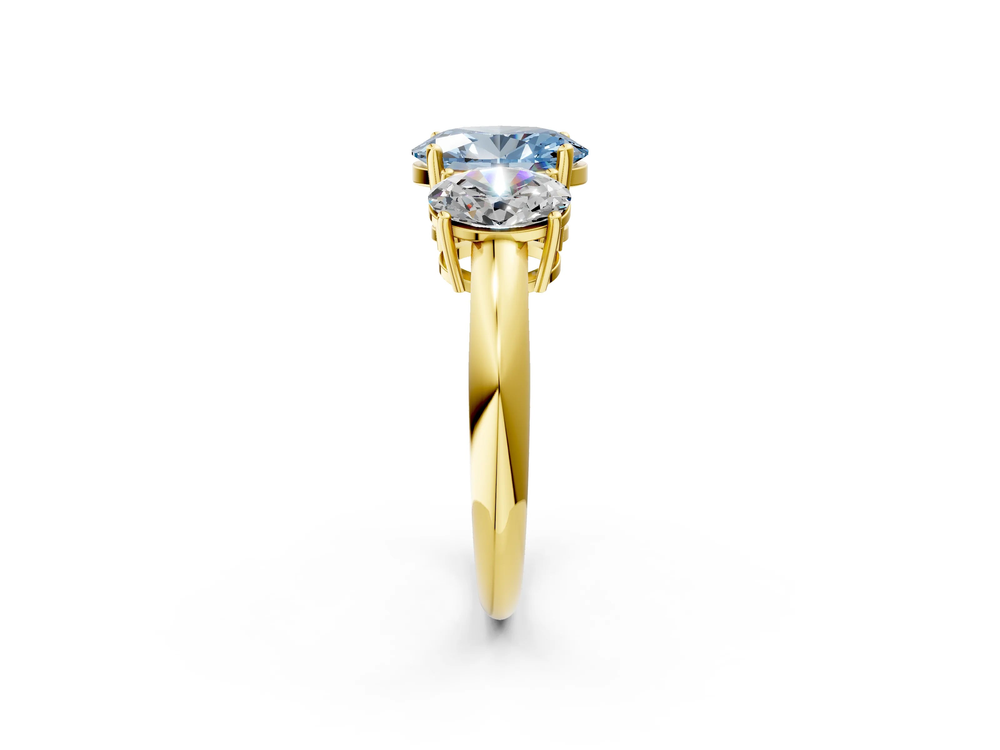 Yellow gold Three-Stone Fancy Blue Oval Cut Cut Diamond Engagement Ring with Prong Setting on a White Gold Band_2