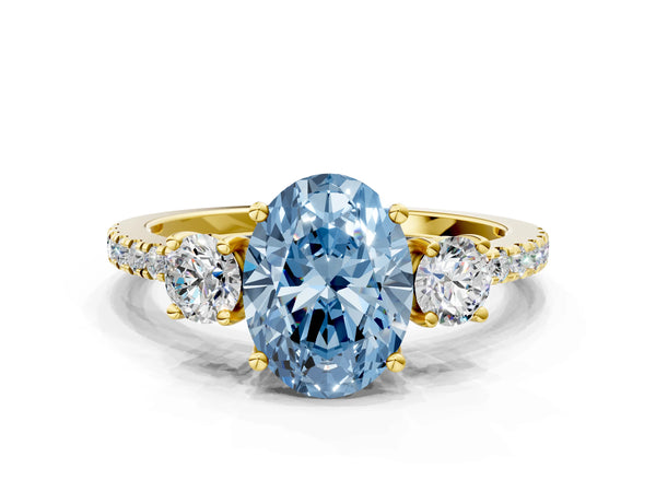 Yellow gold Three-Stone Fancy Blue Oval Cut Cut Diamond Pavé Band with Prong Setting