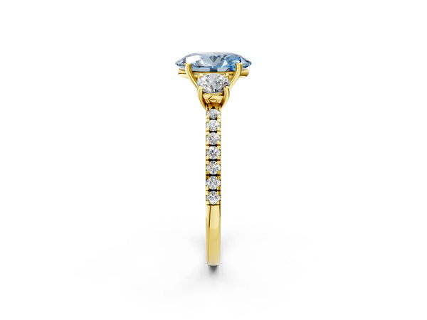 Yellow gold Three-Stone Fancy Blue Oval Cut Cut Diamond Pavé Band with Prong Setting