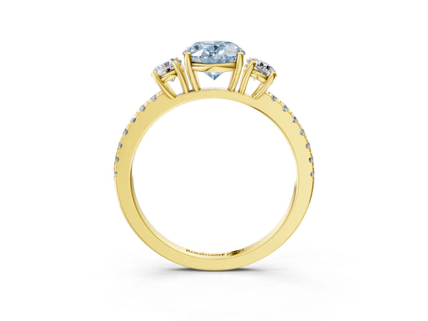 Yellow gold Three-Stone Fancy Blue Oval Cut Cut Diamond Pavé Band with Prong Setting