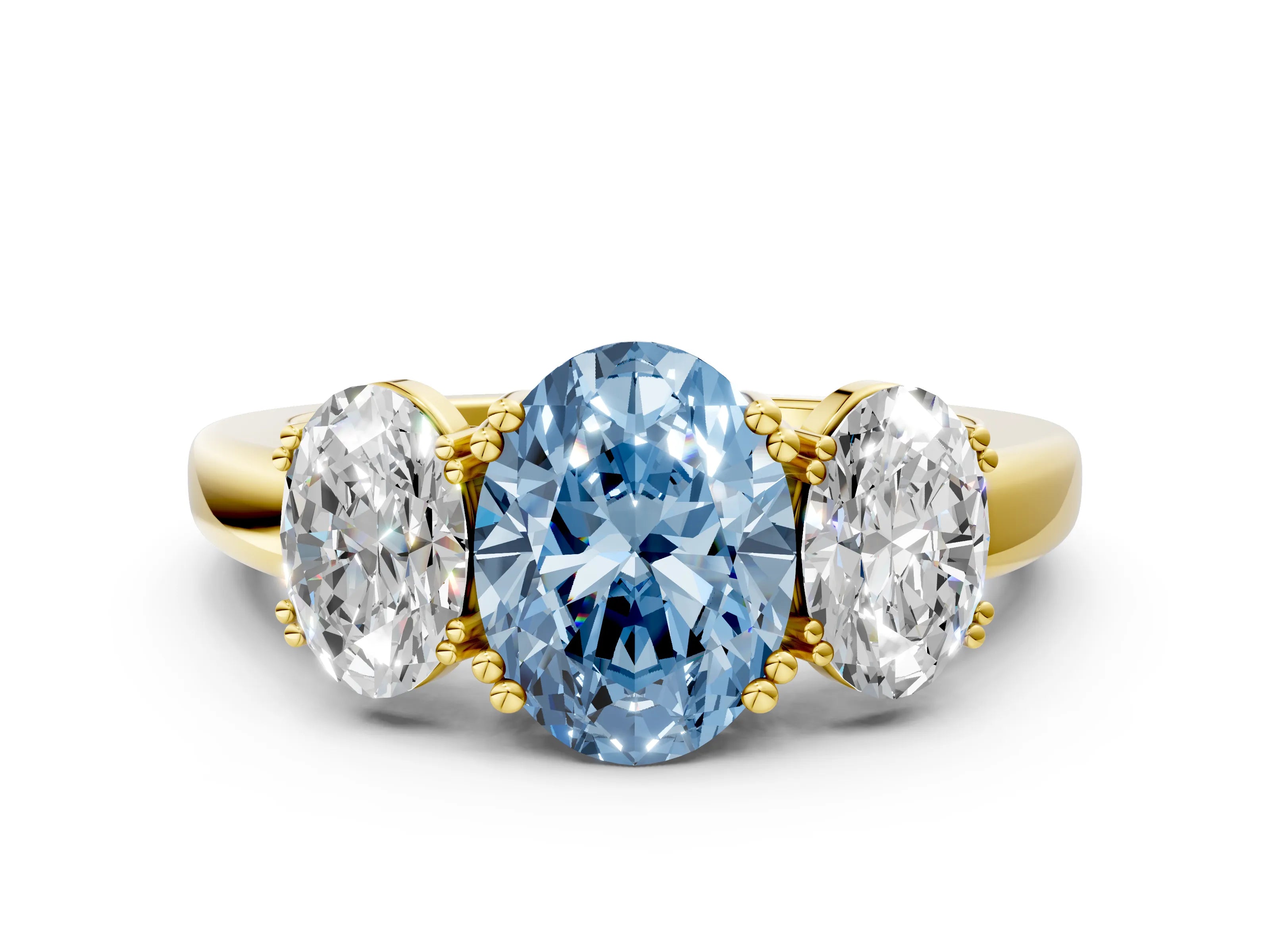 Yellow gold Three-Stone Fancy Blue Oval Cut Cut Diamond Ring with Channel Set Band and Four-Prong Setting