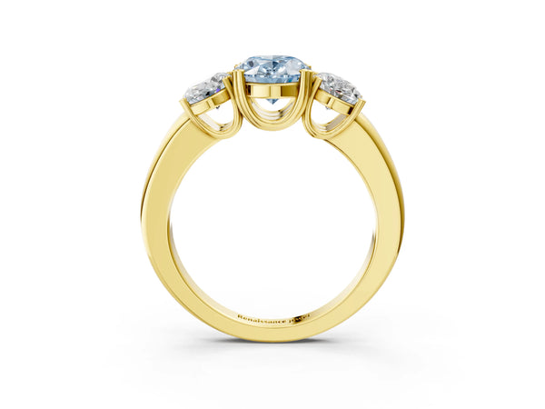 Yellow gold Three-Stone Fancy Blue Oval Cut Cut Diamond Ring with Channel Set Band and Four-Prong Setting