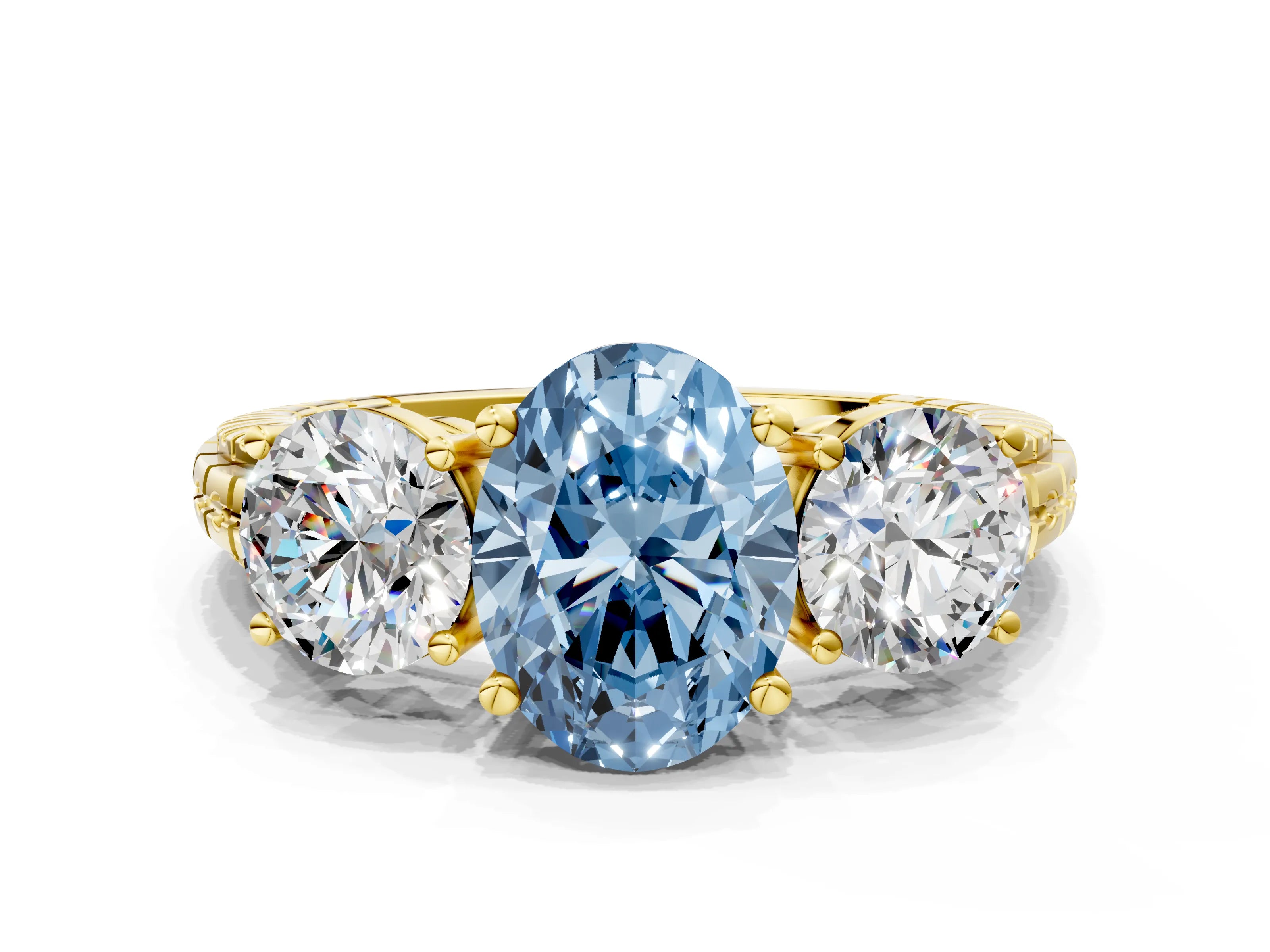 Yellow gold Three-Stone Fancy Blue Oval Cut Cut Diamond Ring with Channel-Set Band and Prong Setting