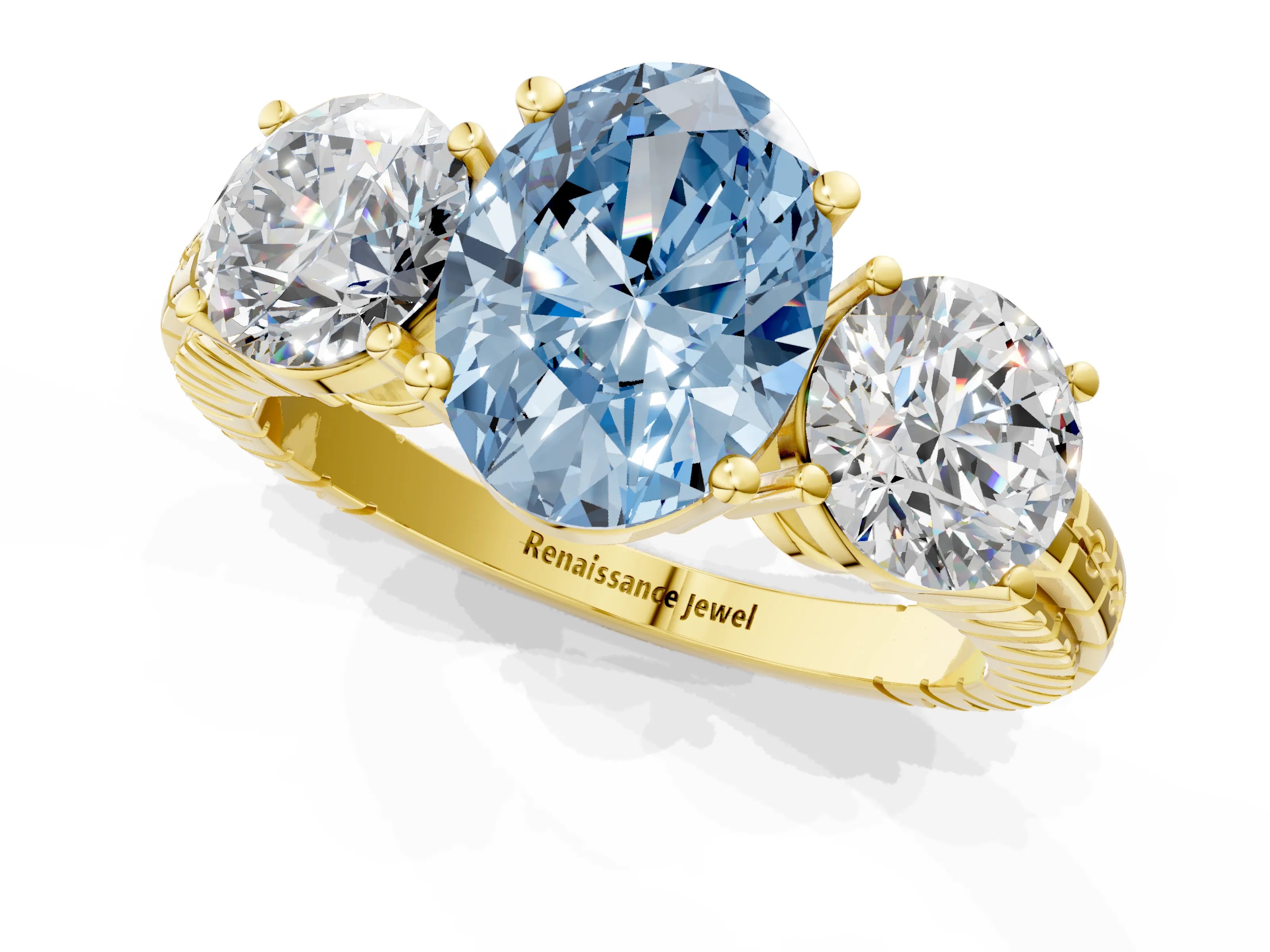 Yellow gold Three-Stone Fancy Blue Oval Cut Cut Diamond Ring with Channel-Set Band and Prong Setting_1