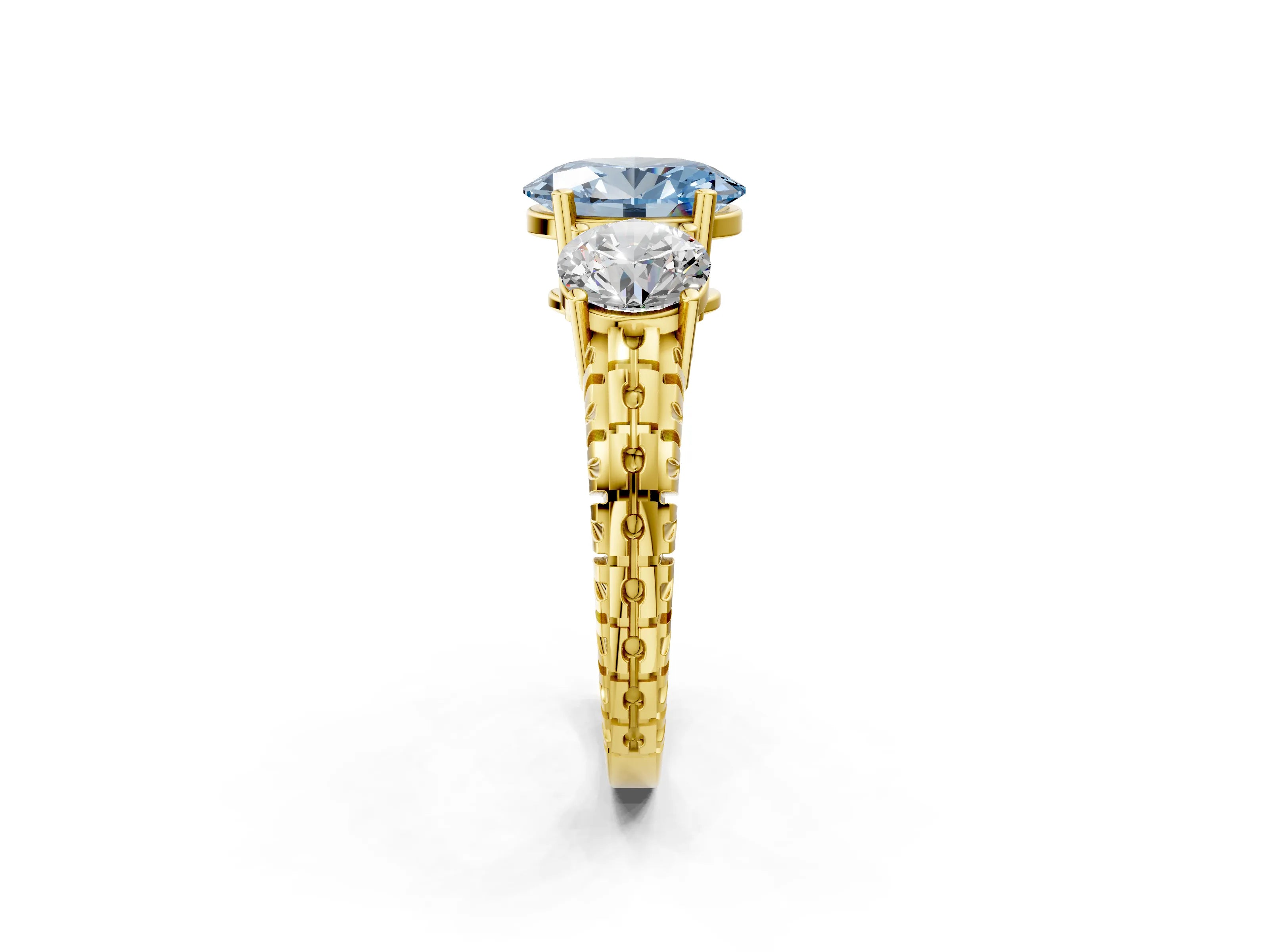 Yellow gold Three-Stone Fancy Blue Oval Cut Cut Diamond Ring with Channel-Set Band and Prong Setting_2